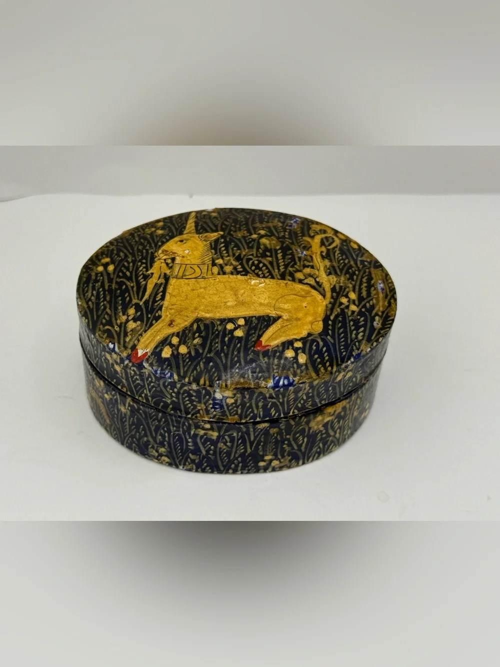 Vintage Kashmiri Hand-Painted Papier-Mâché Unicorn Trinket Box